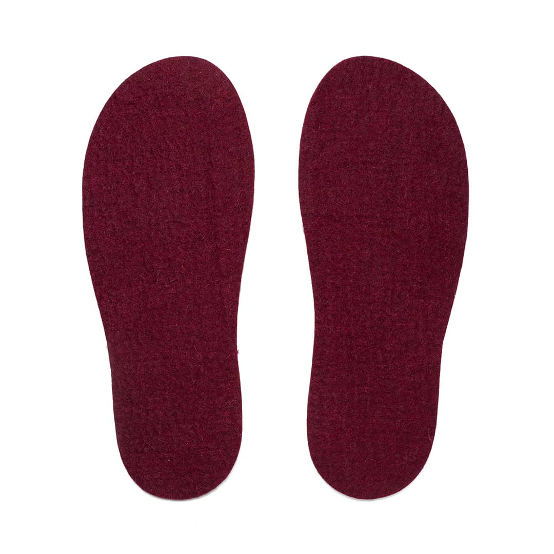 Two maroon felt insoles displayed side by side on a white background.