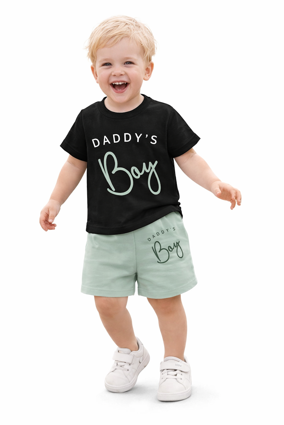 Toddler in a black T-shirt with "Daddy&