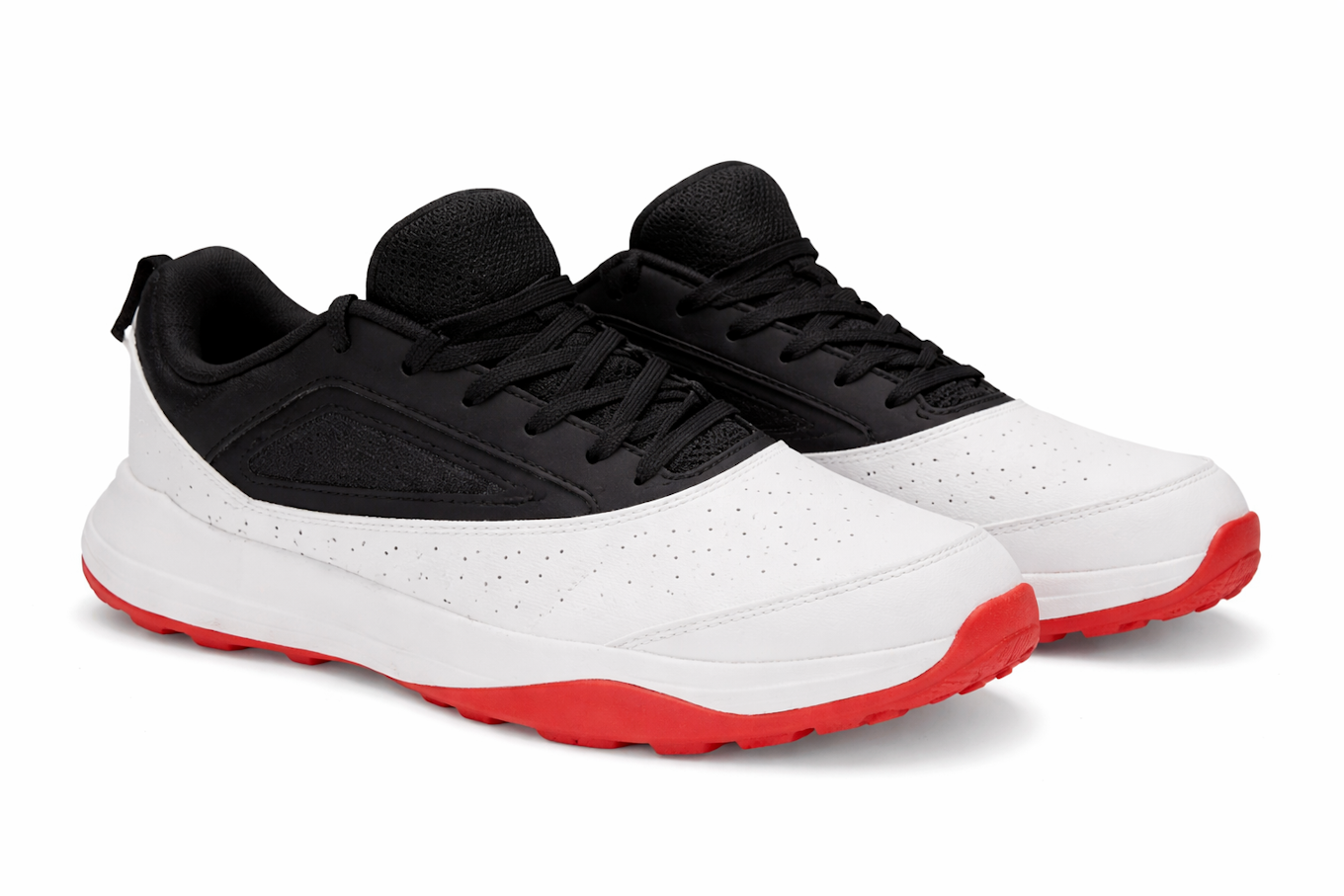 White sneakers with black laces and accents, red soles, and textured details.