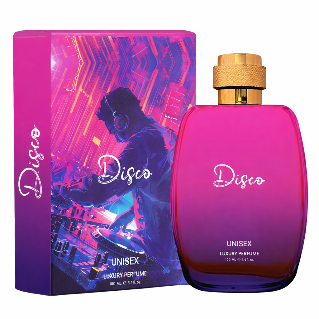 Purple-pink perfume bottle and box with DJ graphic and "Disco Unisex Luxury Perfume" text.
