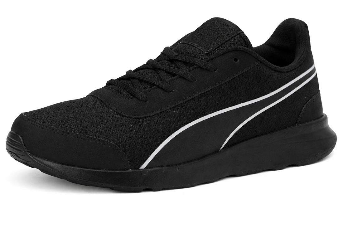 Black athletic shoe with white stripe detail, textured mesh upper, and black laces.