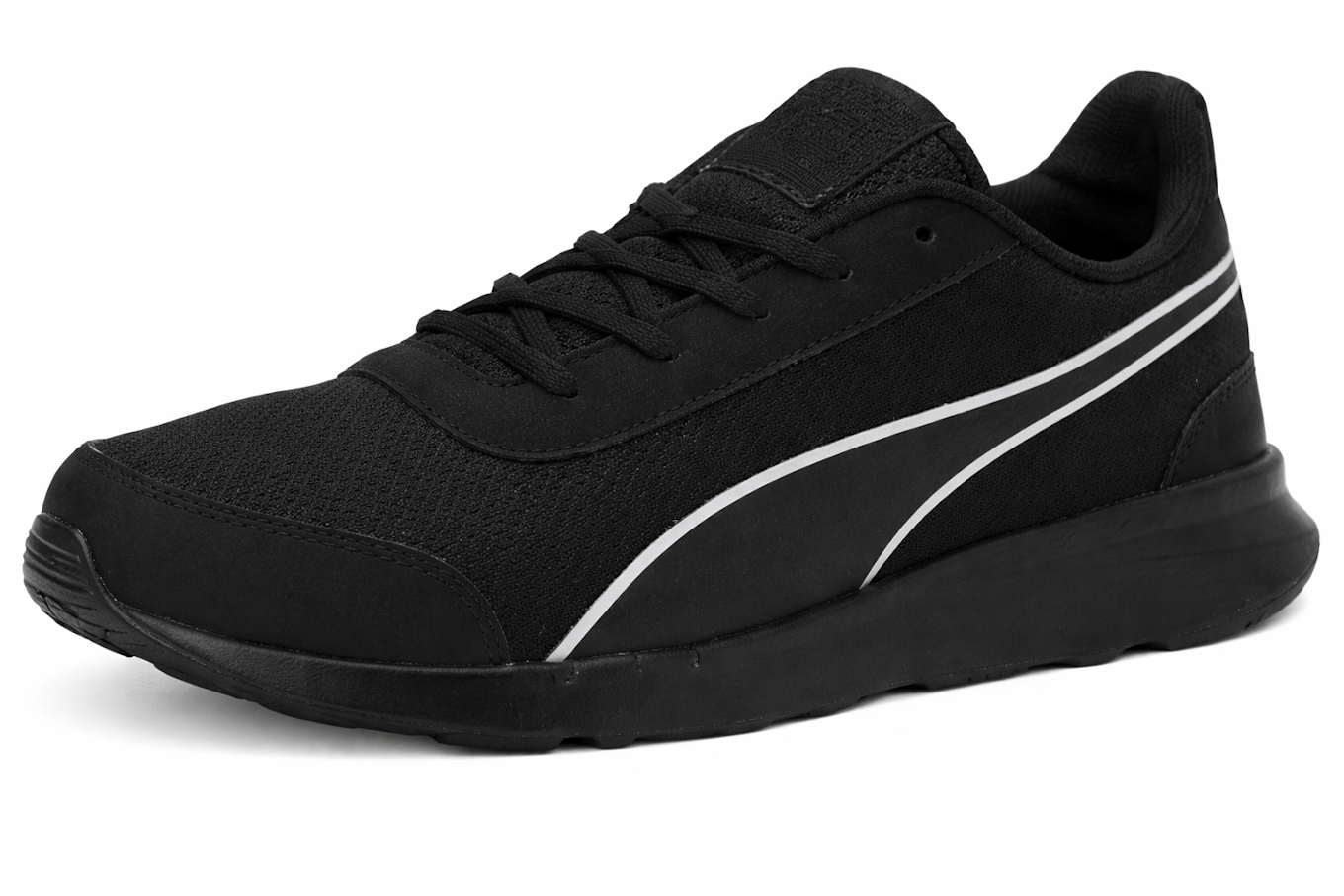 Black athletic shoe with white stripe detail, textured mesh upper, and black laces.