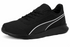 Black athletic shoe with white stripe detail, textured mesh upper, and black laces.