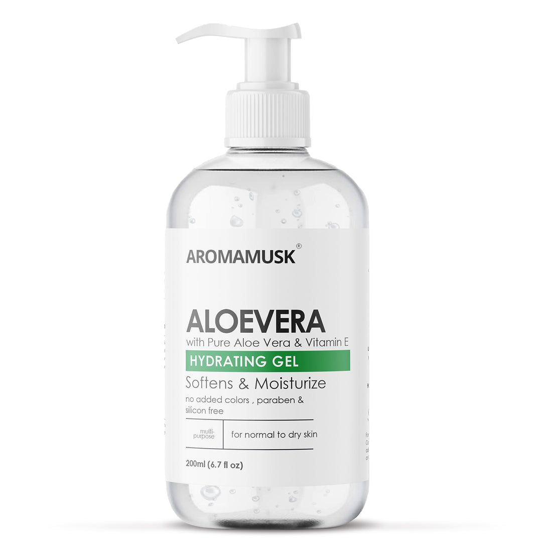 Clear gel pump bottle labeled "Aromamusk Aloe Vera Hydrating Gel," with green text accents.