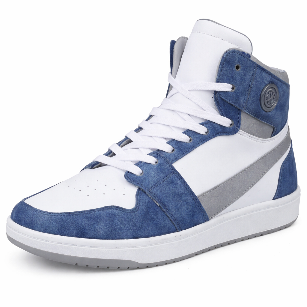 White and blue high-top sneaker with gray accents and white laces.