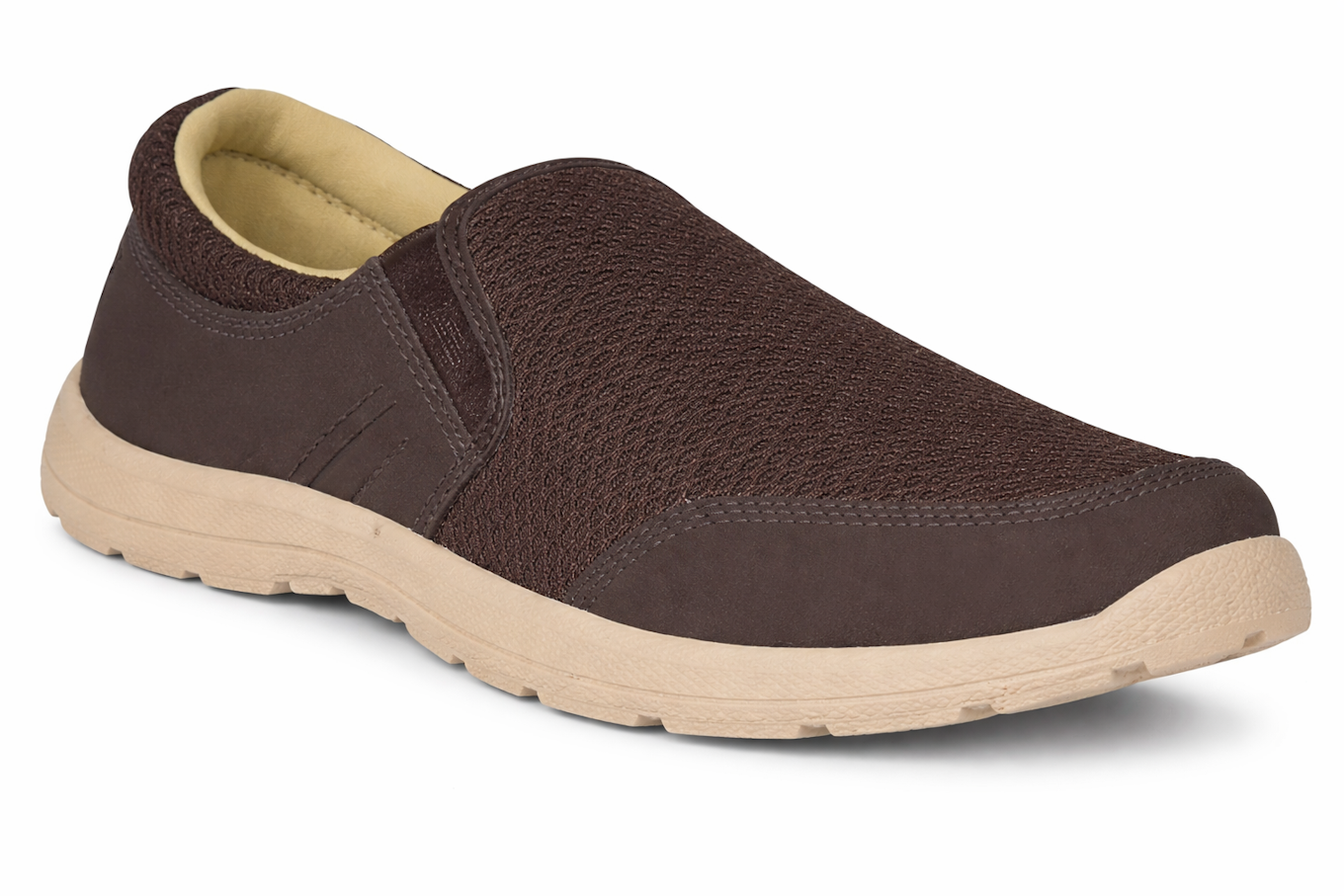 Brown slip-on shoe with mesh upper, smooth suede accents, and beige sole.