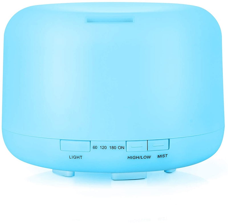 Blue essential oil diffuser with buttons labeled light, high/low, mist, and timer settings.