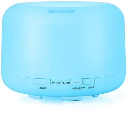 Blue essential oil diffuser with buttons labeled light, high/low, mist, and timer settings.