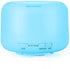 Blue essential oil diffuser with buttons labeled light, high/low, mist, and timer settings.