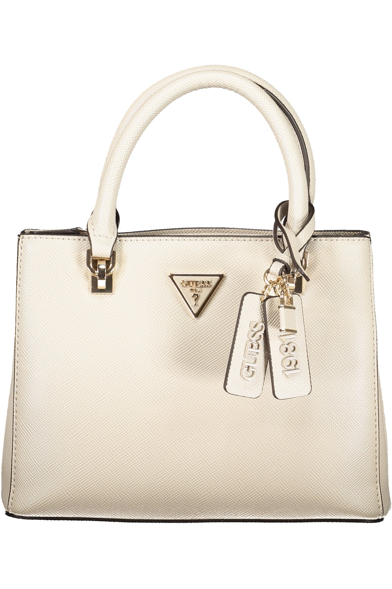 Cream handbag with textured surface, gold triangle logo, and two handle straps.