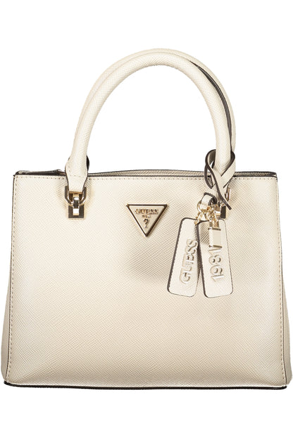 Cream handbag with textured surface, gold triangle logo, and two handle straps.