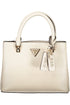 Cream handbag with textured surface, gold triangle logo, and two handle straps.
