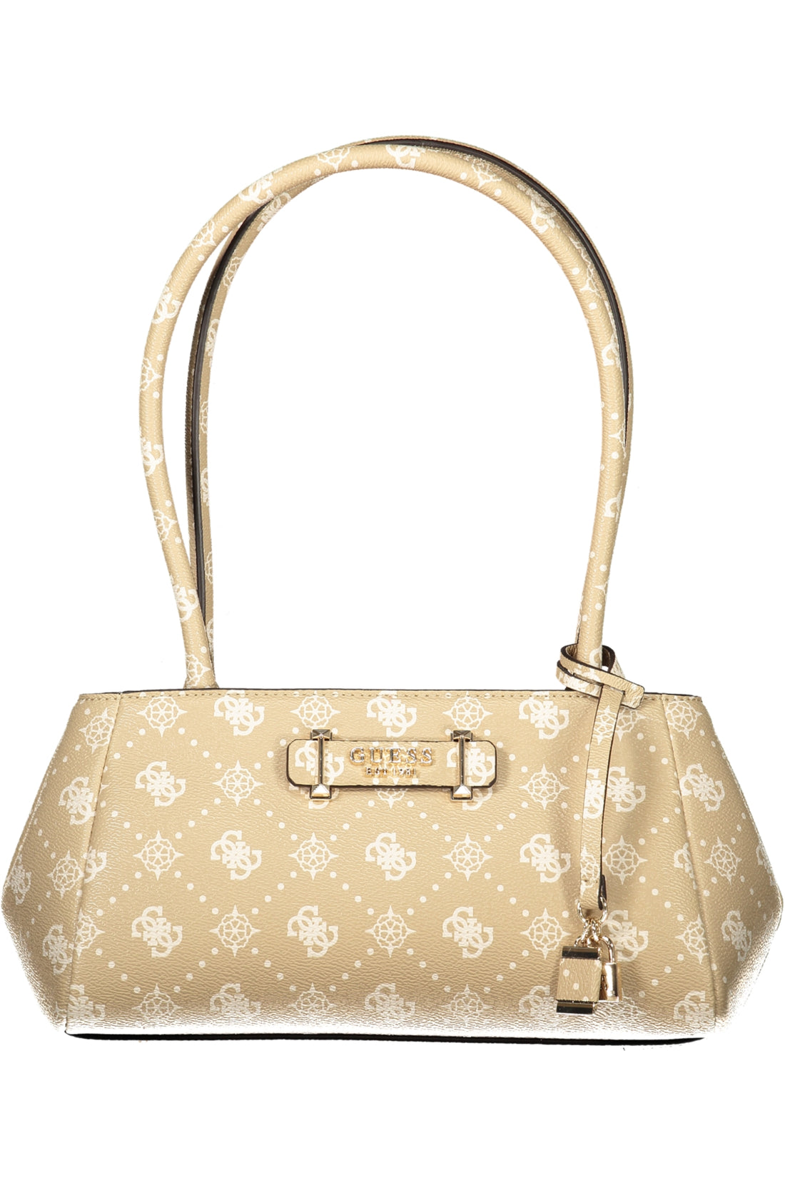 Beige handbag with white patterns, two straps, gold accents, and a branded logo plate.