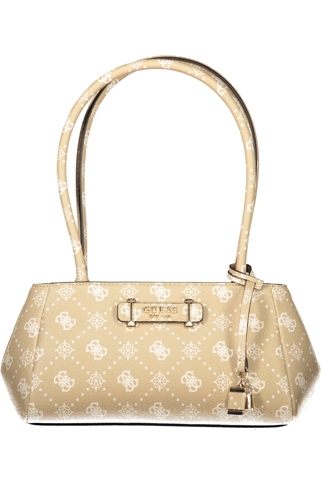 Beige handbag with white patterns, two straps, gold accents, and a branded logo plate.