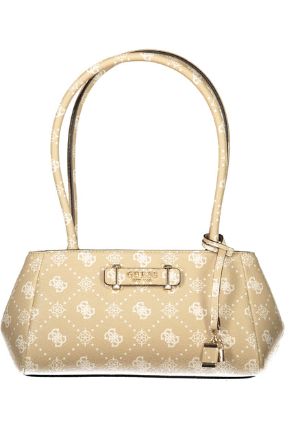 Beige handbag with white patterns, two straps, gold accents, and a branded logo plate.