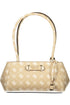 Beige handbag with white patterns, two straps, gold accents, and a branded logo plate.
