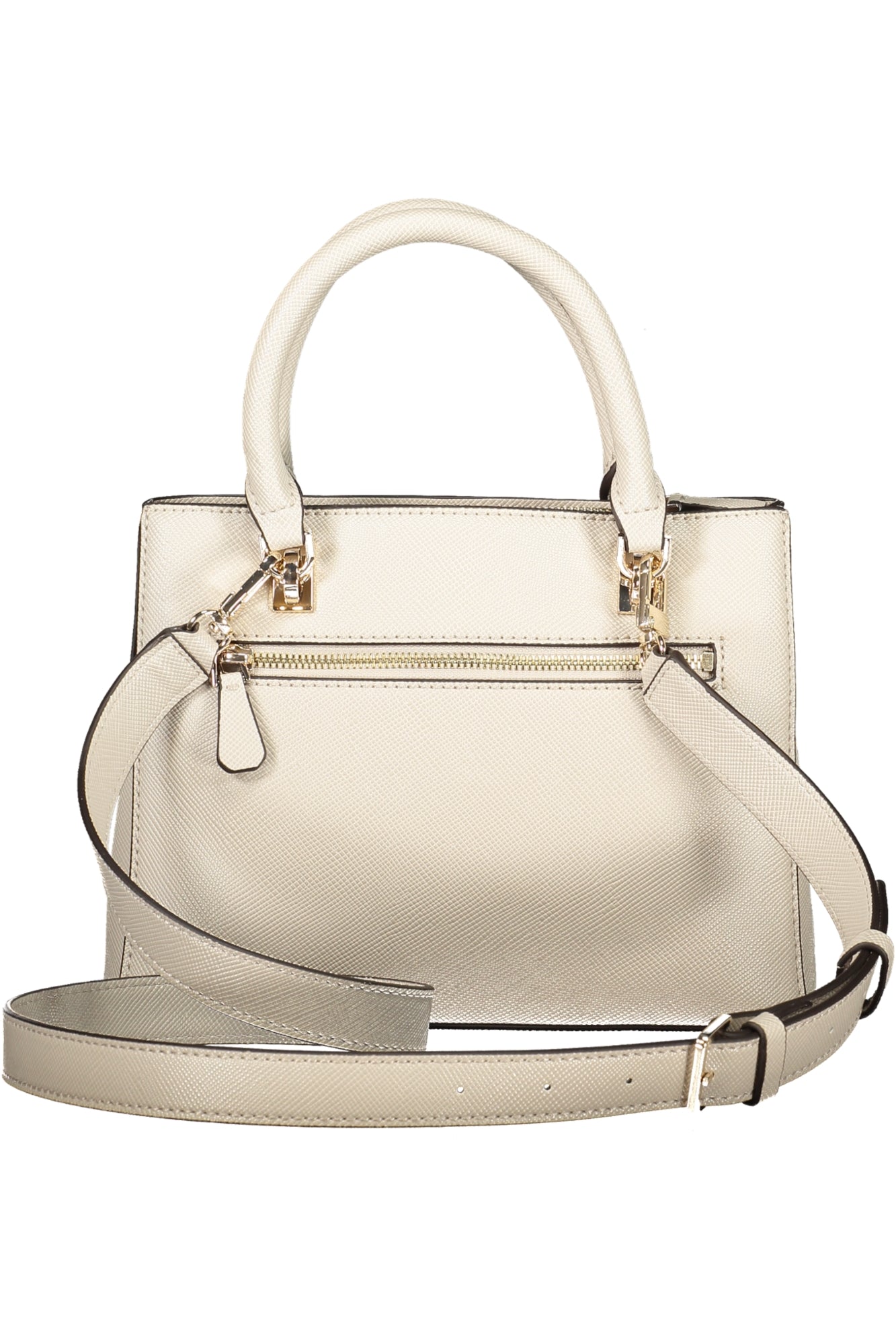 Cream handbag with textured leather, gold hardware, a zip pocket, and an adjustable shoulder strap.