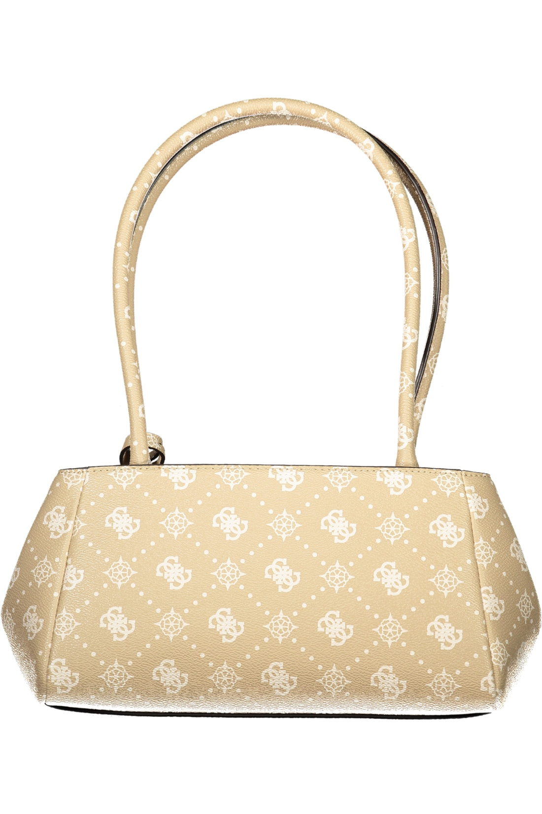 Beige handbag with white patterned print, double handles, and a trapezoidal shape.