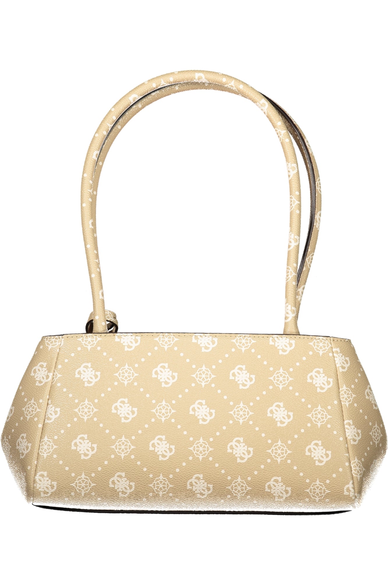 Beige handbag with white patterned print, double handles, and a trapezoidal shape.