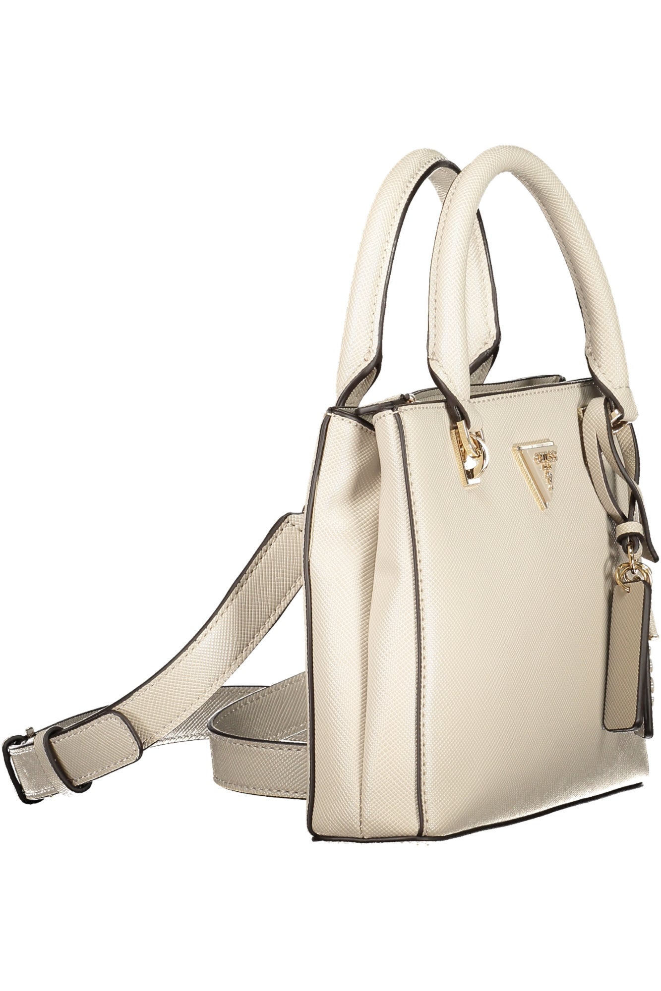 Cream handbag with black trim, gold accents, and dual handles.