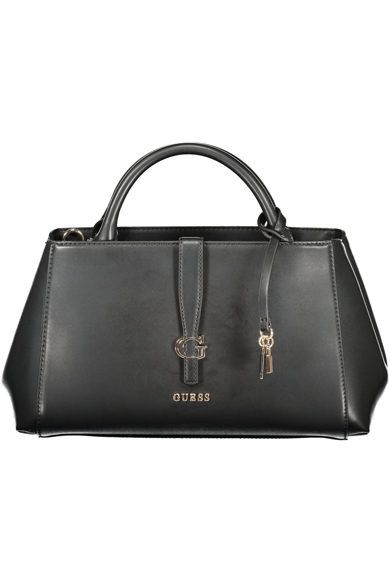 Black leather handbag with two handles, gold logo, and decorative keychain.