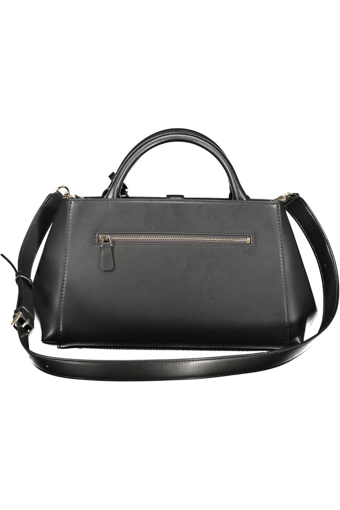 Black leather handbag with a top handle, gold zipper, and adjustable shoulder strap.