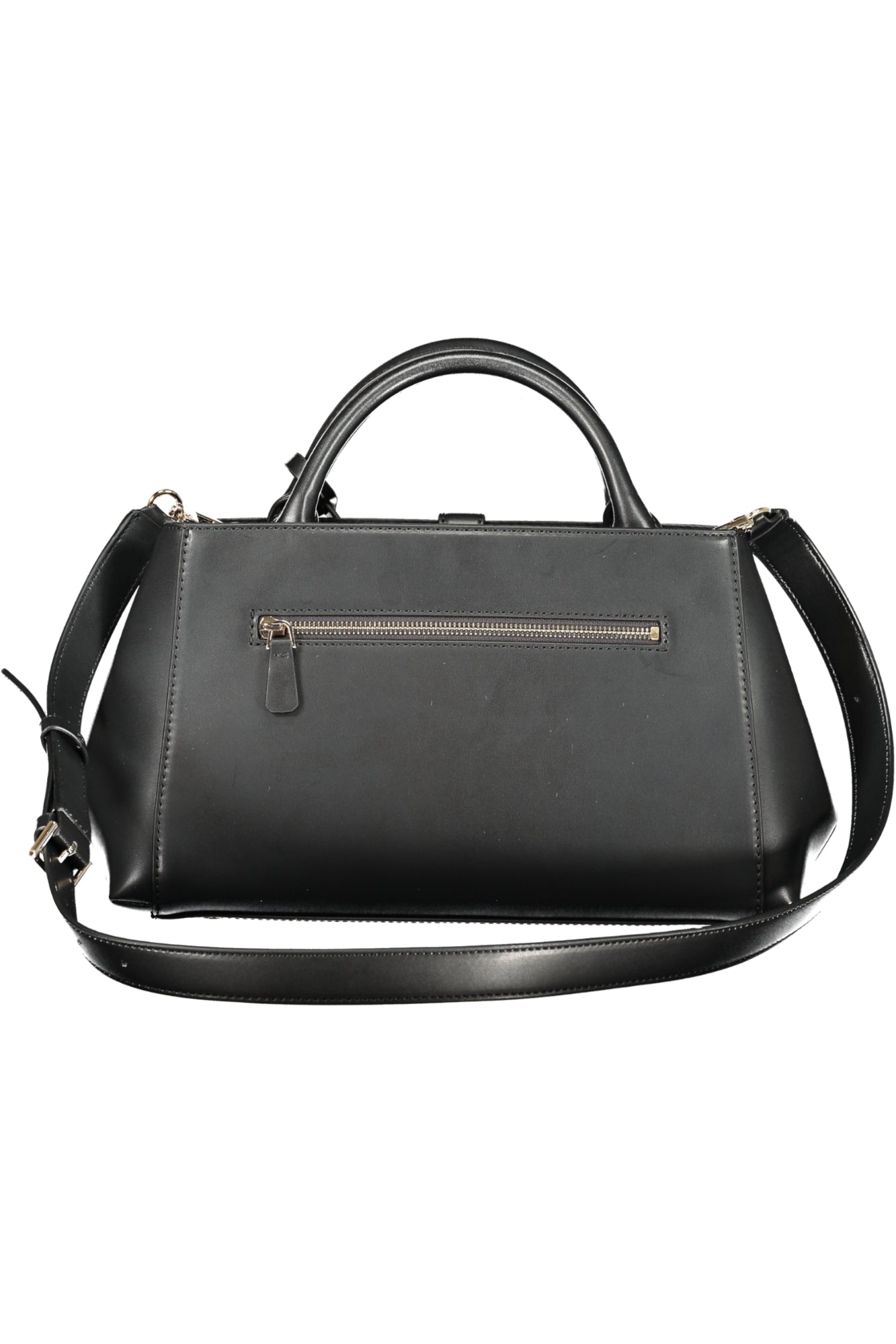 Black leather handbag with a top handle, gold zipper, and adjustable shoulder strap.