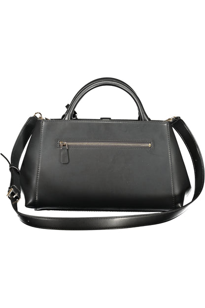 Black leather handbag with a top handle, gold zipper, and adjustable shoulder strap.