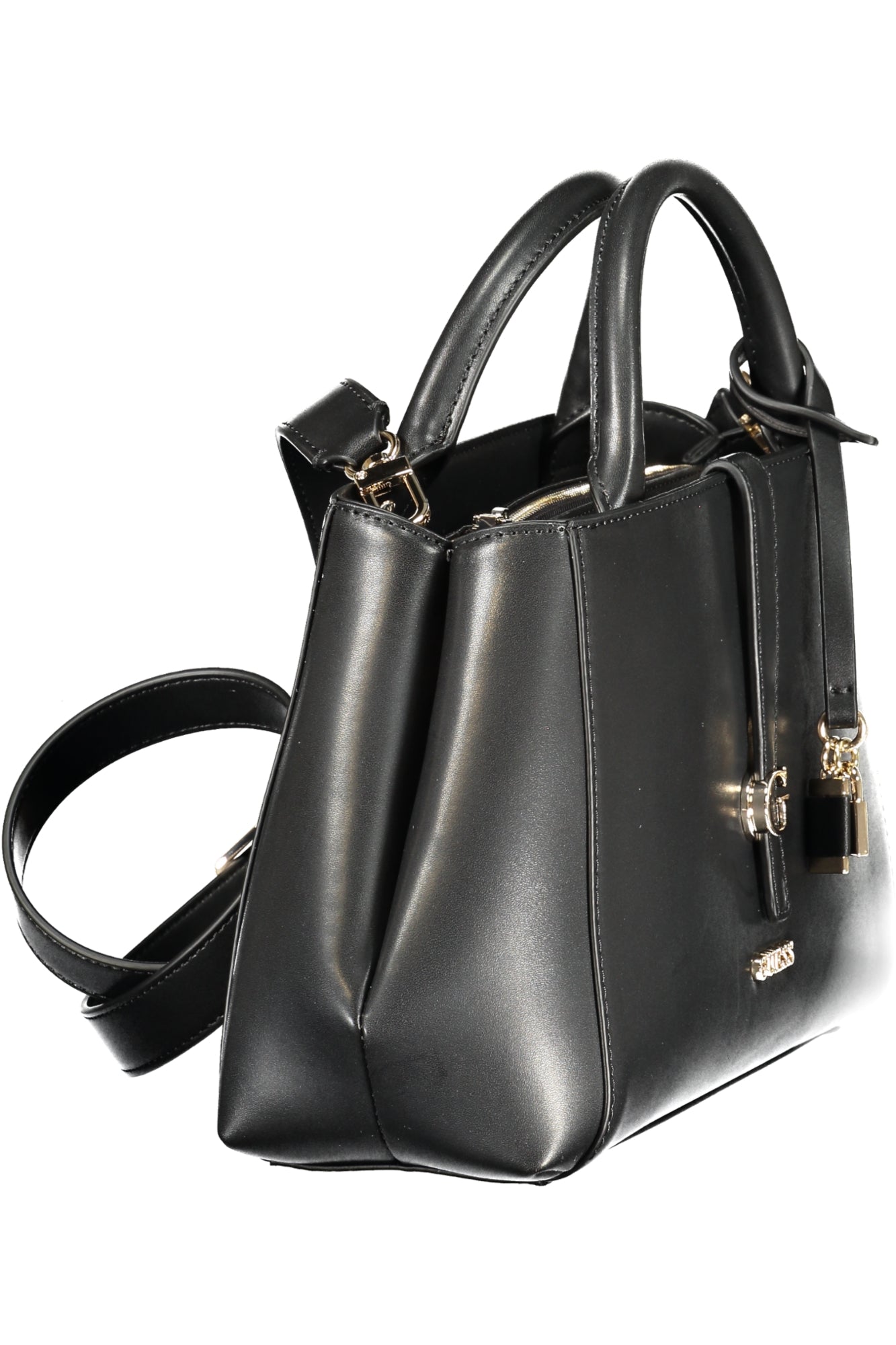 Black leather handbag with gold accents, dual handles, and a detachable shoulder strap.
