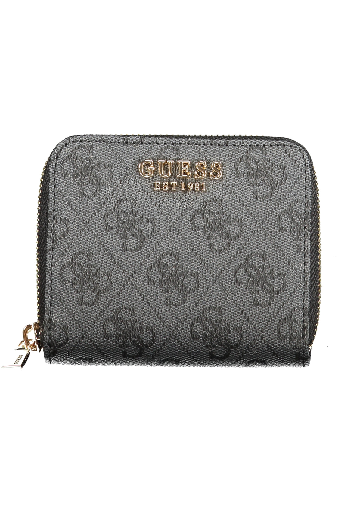 Gray textured wallet with gold "Guess" logo and zipper, featuring subtle emblem pattern.
