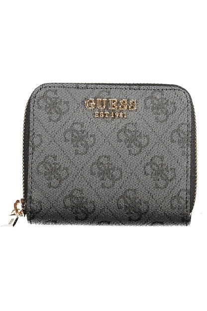 Gray textured wallet with gold "Guess" logo and zipper, featuring subtle emblem pattern.