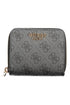 Gray textured wallet with gold "Guess" logo and zipper, featuring subtle emblem pattern.