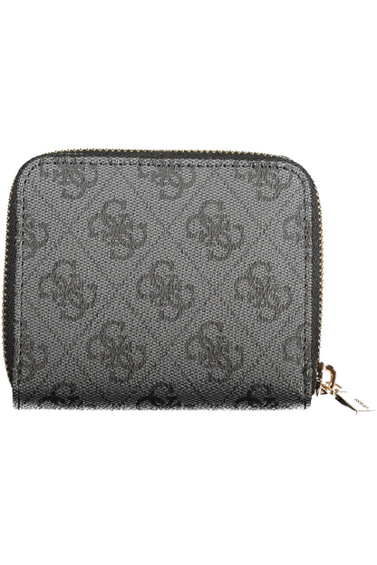Gray zippered wallet with a subtle embossed pattern and gold zipper accents.