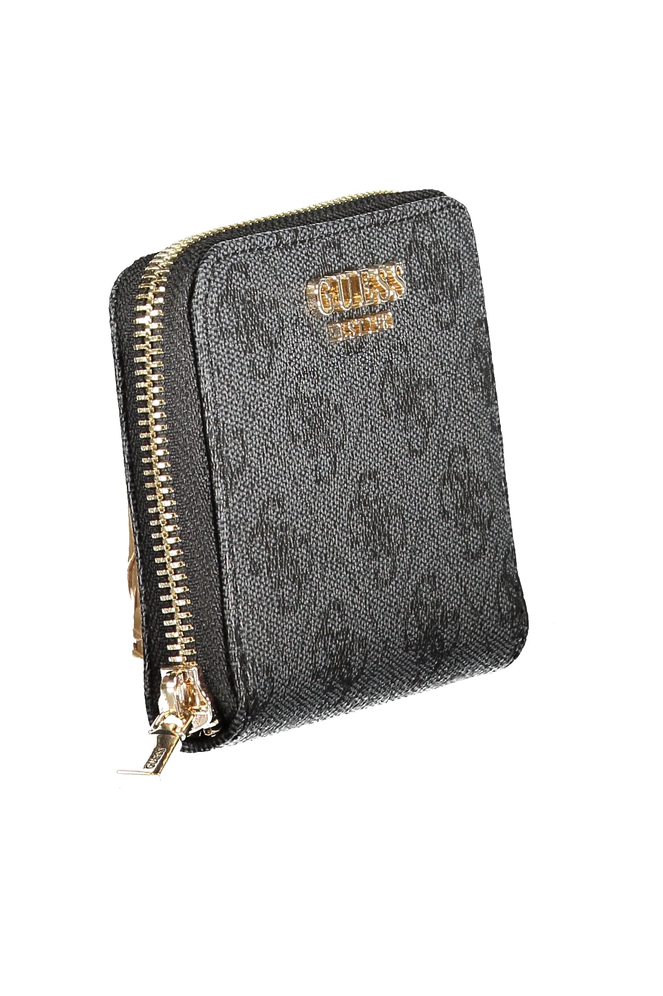 Black textured square wallet with gold zipper and logo, set against a white background.
