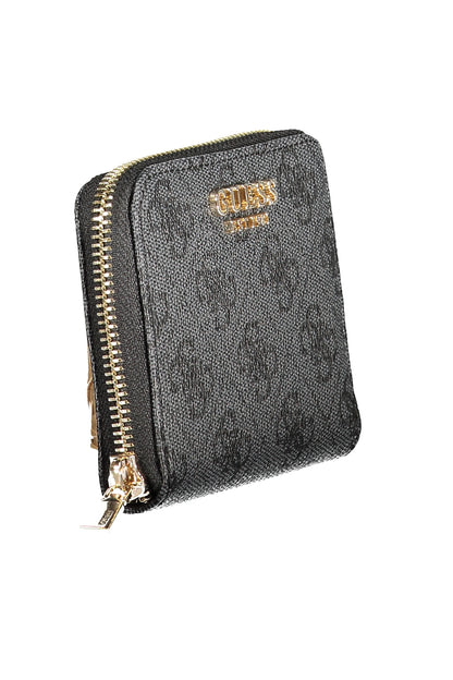 Black textured square wallet with gold zipper and logo, set against a white background.