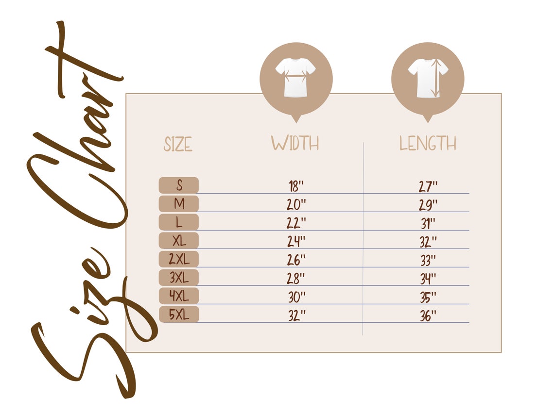 Shirt size chart with widths and lengths (in inches) from S to 5XL, in brown and beige tones.