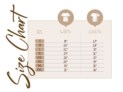 Shirt size chart with widths and lengths (in inches) from S to 5XL, in brown and beige tones.