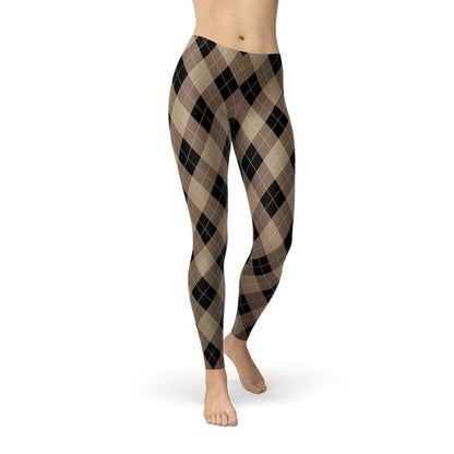 Argyle pattern leggings in black, brown, and beige. Visible from waist to ankle, on a white background.
