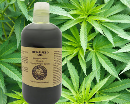 Bottle of hemp seed oil with beige label and green cannabis leaves background.