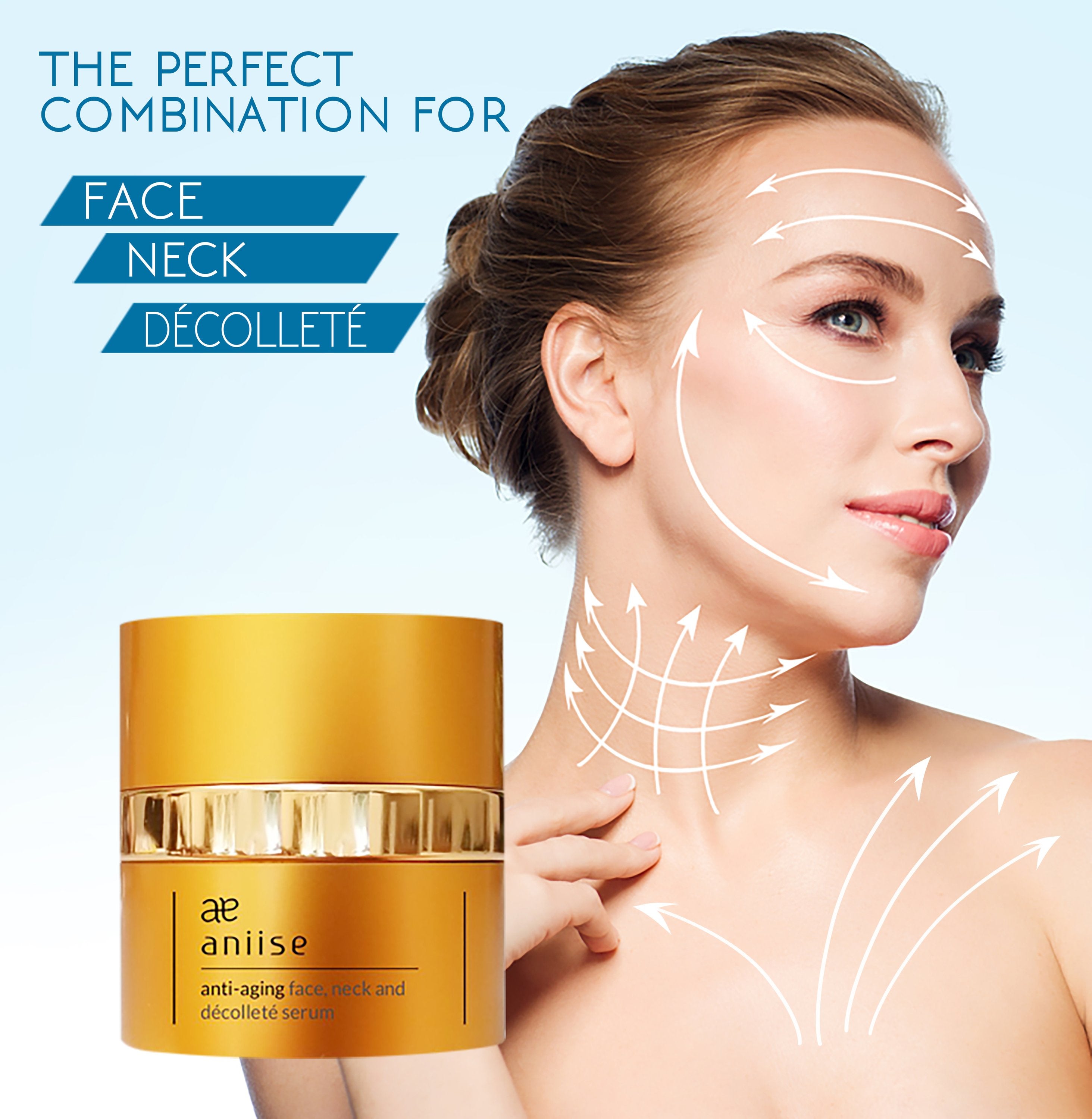 Woman with lifted hair, skincare arrows on face, neck, and décolleté, next to golden serum jar.