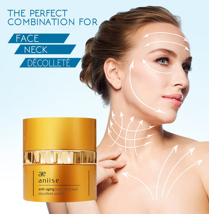 Woman with lifted hair, skincare arrows on face, neck, and décolleté, next to golden serum jar.