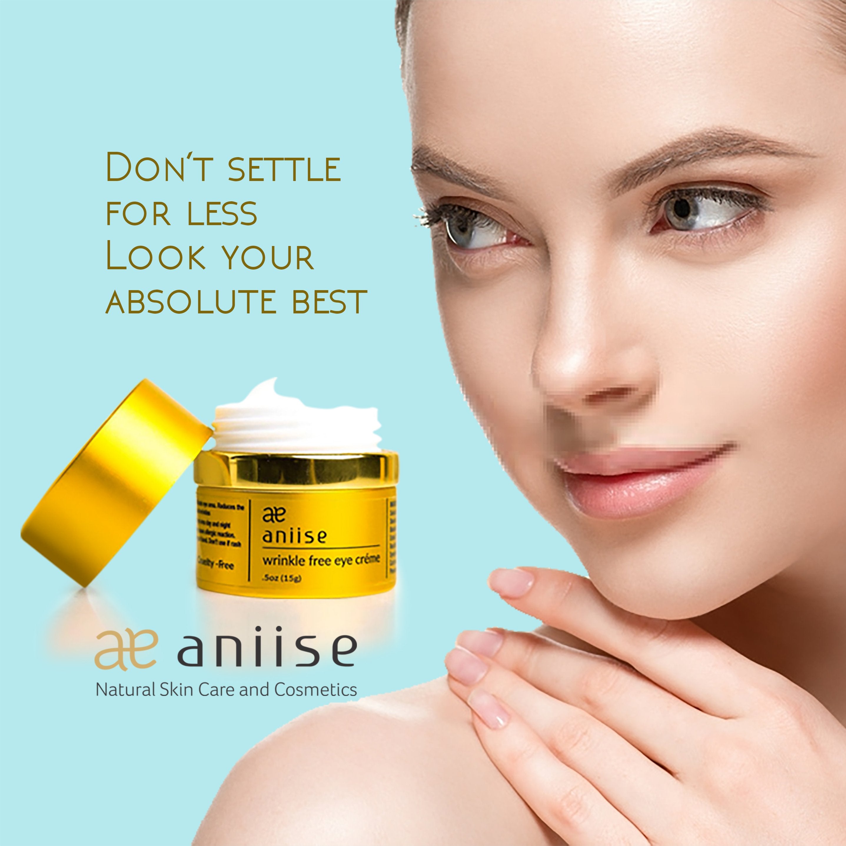 Woman with smooth skin, gold jar of eye cream, text: "Don&
