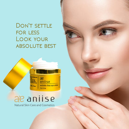 Woman with smooth skin, gold jar of eye cream, text: "Don&