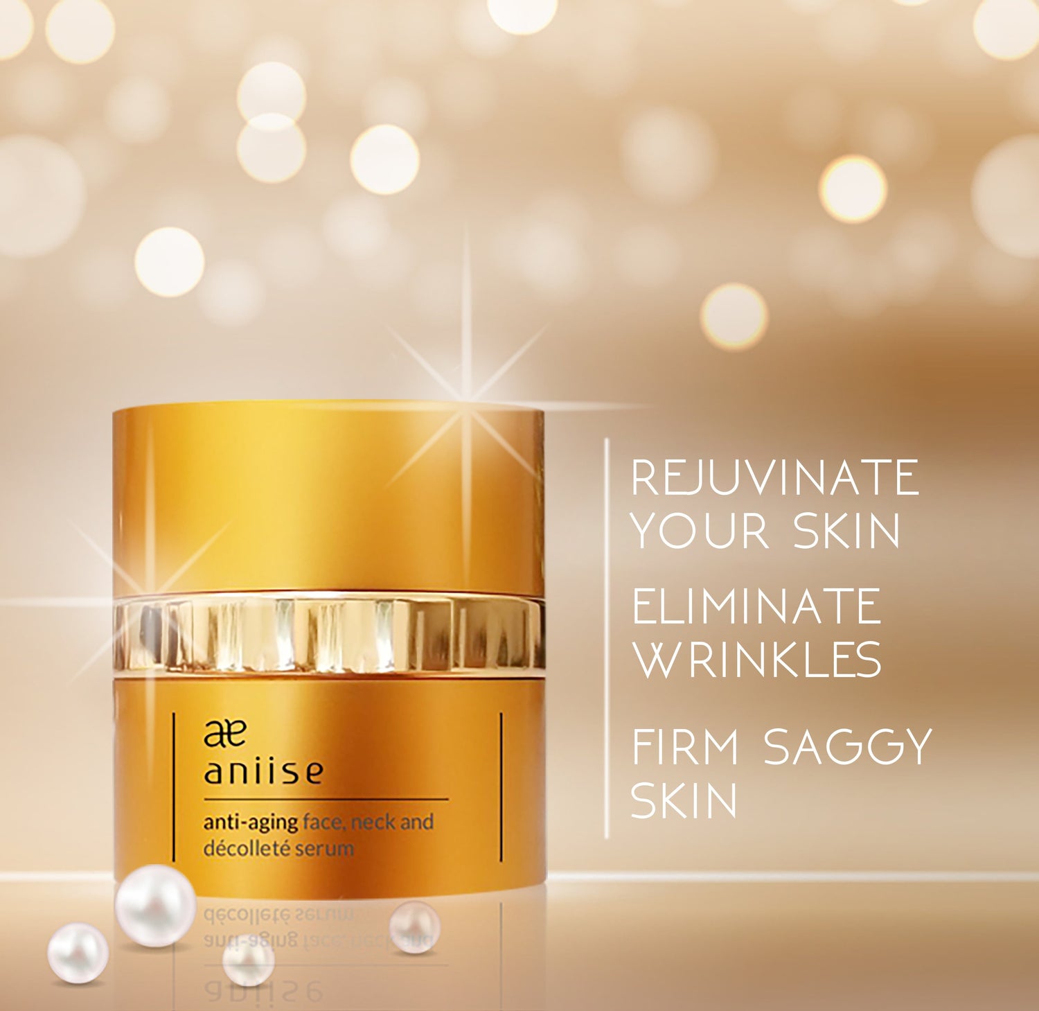Golden serum jar with silver accents, surrounded by sparkle and pearls; text promoting skin rejuvenation.