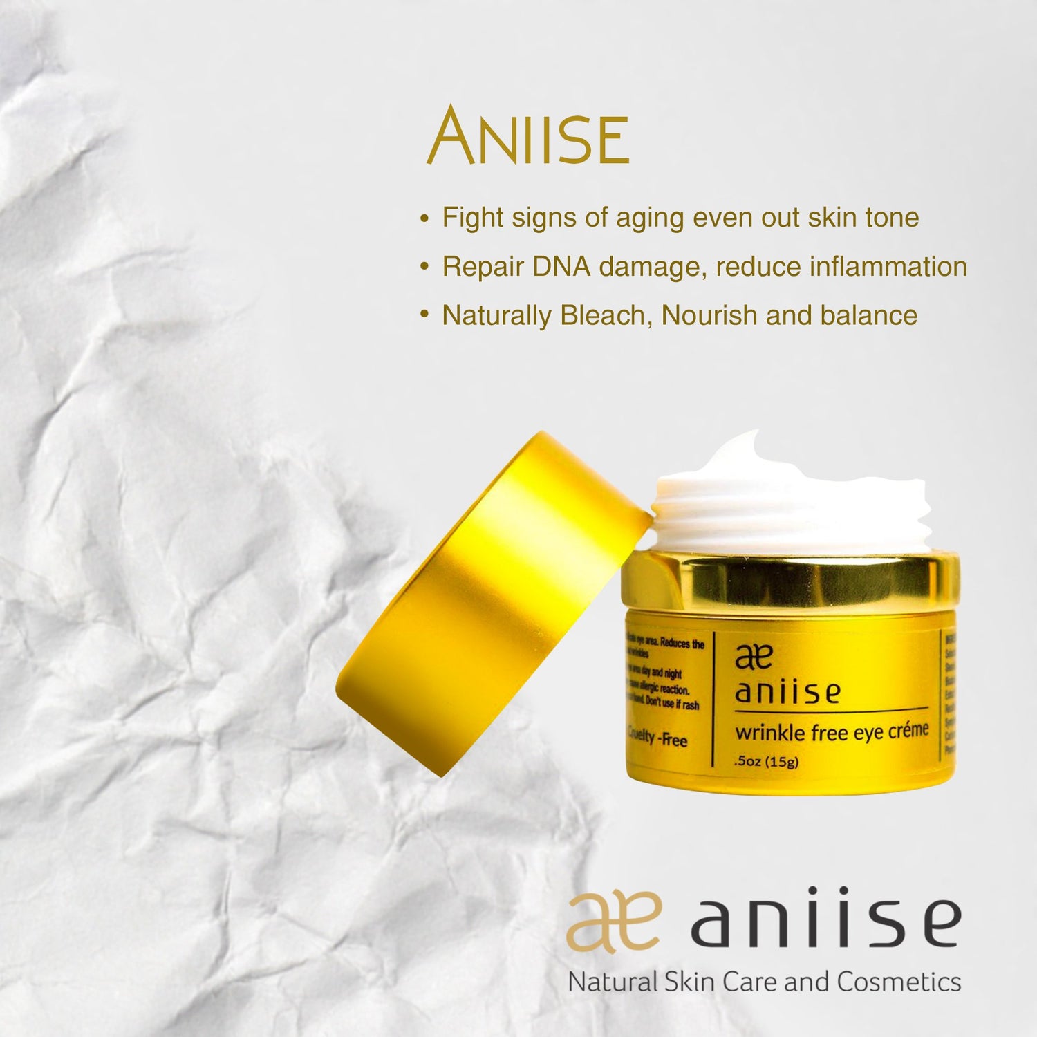 Gold jar of wrinkle-free eye cream, with text highlighting its anti-aging benefits on white.