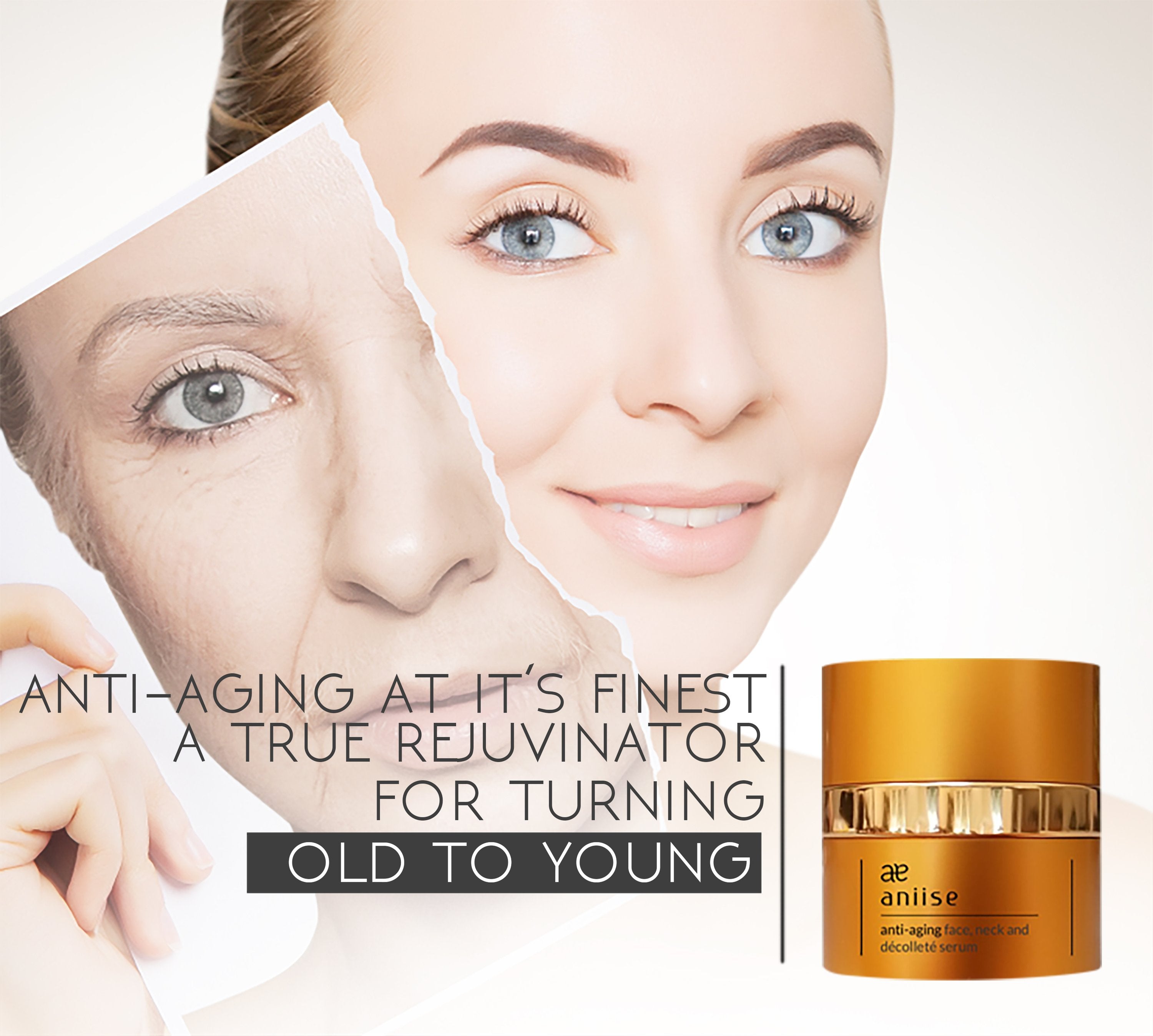 Woman holds split photo of older and younger face; gold skincare jar below.