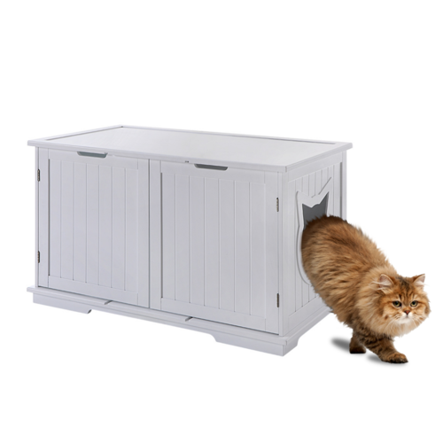 White cabinet with dual doors and a cat exiting a cat-shaped hole on the side.