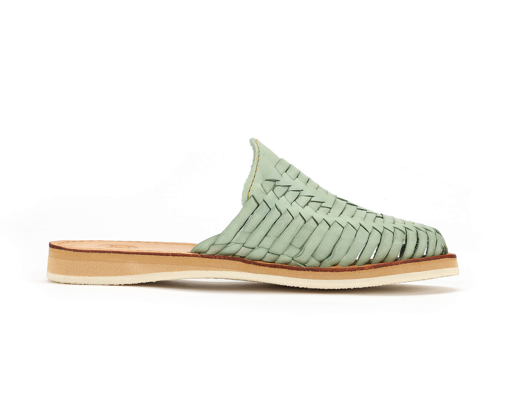 Light green, woven leather sandal with a tan and white sole.