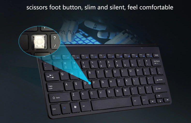 A black keyboard with scissors foot mechanism highlighted; blue and black background.