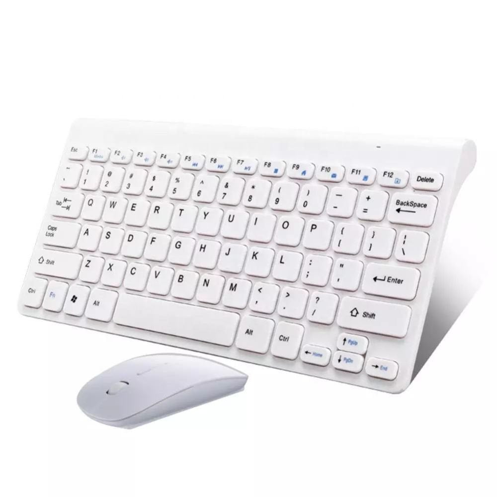 White wireless keyboard with rounded keys and a matching white mouse on a plain background.